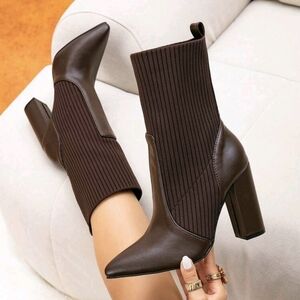 Brown Pointed-Toe Block Heel Sock Boot